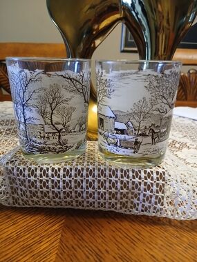 Currier & Ives Pair Of Rocks Glasses Winter Scene